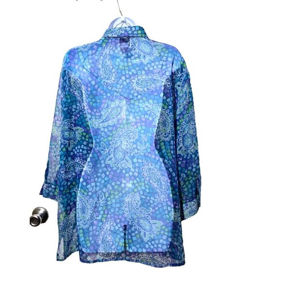 Bon Worth Blouse Womens XL Sheer Paisley Blue Button Up Collar 3/4 Sleeve Boho - Picture 2 of 9